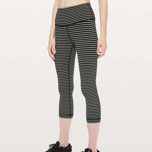 Lululemon Wunder Under Crop Legging Women 6 Black White Stripe High Rise Pant